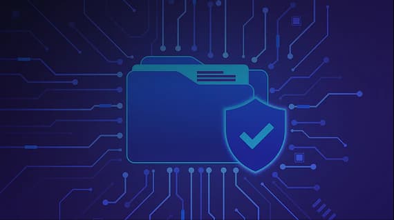 Digital folder secured by a shield and checkmark over a circuit background